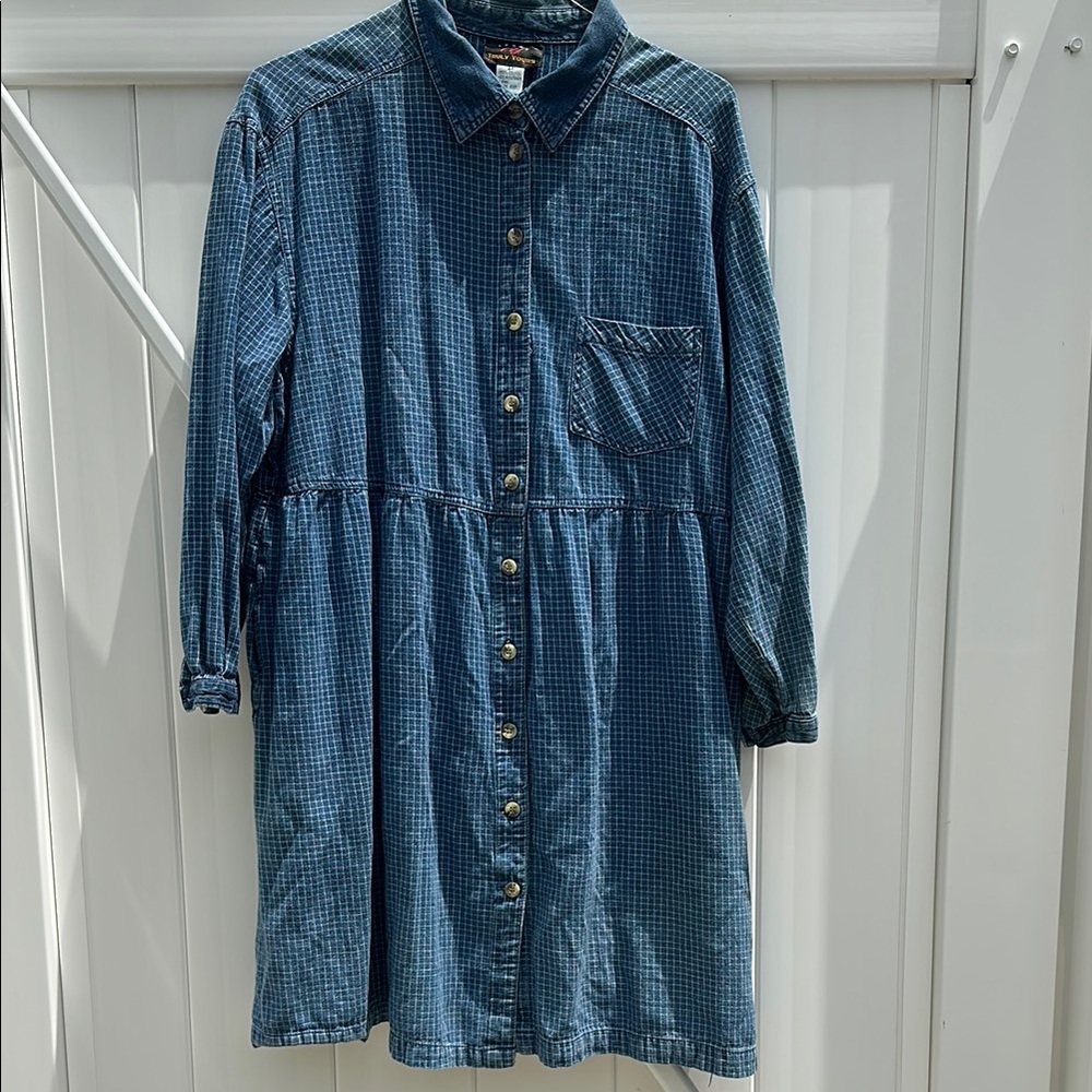 Blue Checkered Denim Button-Up Dress